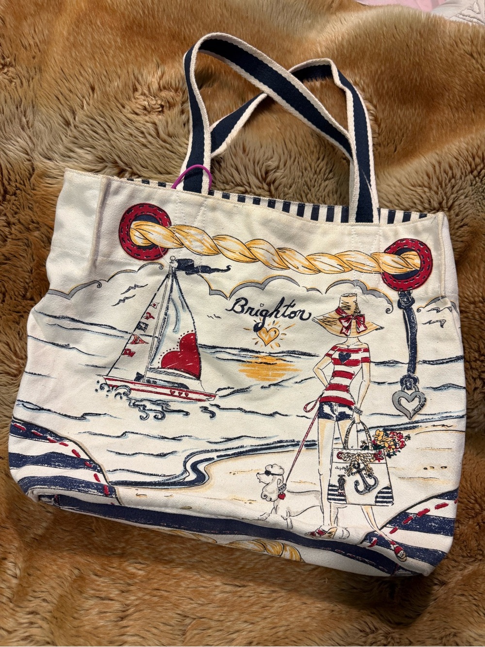 Brighton Cream Canvas Tote with Navy and Red Nautical Print